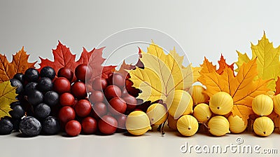 The Autumn Theme and The Halloween Holiday From a Group of Pumpkins and Natural Maple leaves and a Rowan Leaf of Yellow Orange Red Stock Photo