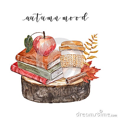 Autumn-themed illustration with watercolor books, coffee cup, tree leaves. Fall arrangement Cartoon Illustration