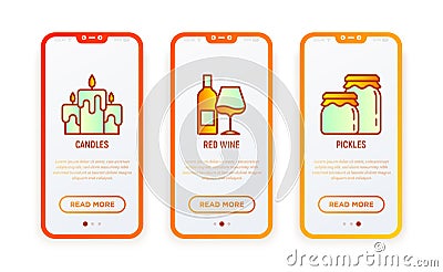 Autumn thin line icons set: candles, wine with glass, pickles. Vector illustration for user mobile interface Vector Illustration