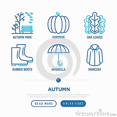 Autumn thin line icons set: oak leaves, pumpkin, umbrella, rubber boots, raincoat. Vector illustration Vector Illustration