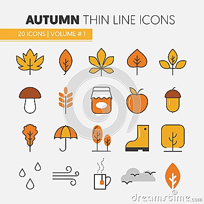 Autumn Thin Line Icons with Umbrella Rainy Weather and Nature Gifts Vector Illustration