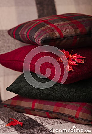 Autumn time. Comfort and warmth in the house. Cozy pillows on the couch Stock Photo