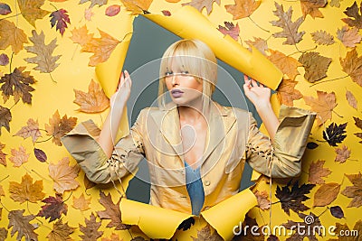 Autumn time for Fashion sale. Colorful autumn and dry leaf. Autumn trend and vogue. Autumnal foliage. Autumn happy Stock Photo