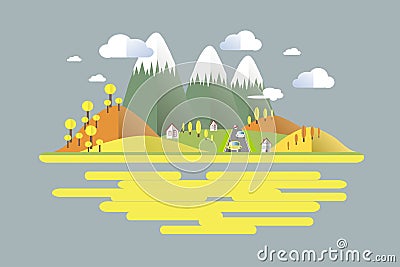 Autumn time, green, grey, yellow, orange mountain landscape, cars on the road. Modern flat design Vector Illustration