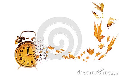 Autumn time start clock breaking in piecies autumn leaves isolated in white background psychology - 3d rendering Stock Photo