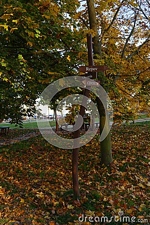 Autumn tourist wooden mark Stock Photo
