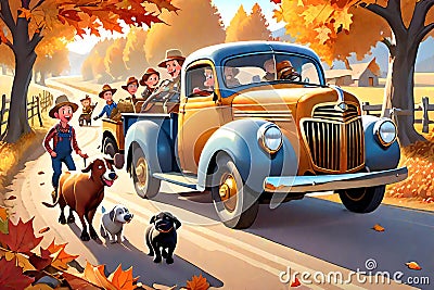 Autumn town market trip jalopy family time Cartoon Illustration