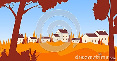 Autumn town, village or city urban landscape, skyline with residential building houses Vector Illustration