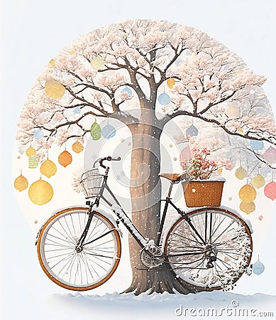 Autumn tree with bicycle and leaves Stock Photo