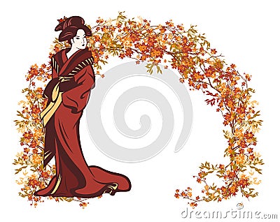 Autumn tree branches arch and japanese geisha vector design Vector Illustration