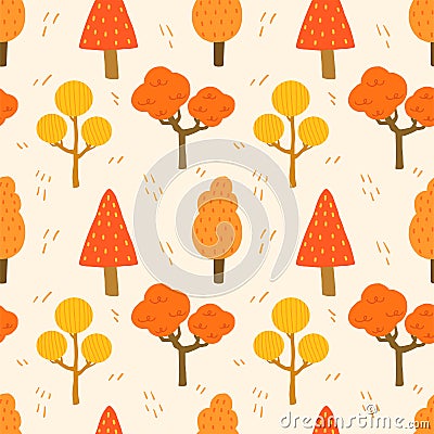 Autumn tree handdrawn cartoon seamless pattern background for seasonal, autumn, wallpaper, wrapping. Red tree illustration Vector Illustration