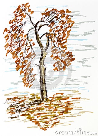 Autumn tree illustration, hand drawn twisted old tree Stock Photo