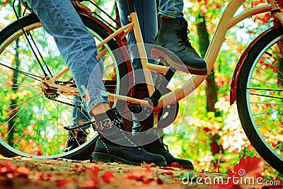 Autumn tree leaves and vinrage bike. Enjoying good autumn weather. Fall concept. Riding the bicycle in the park. Active Stock Photo