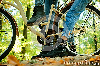 Autumn tree leaves and vinrage bike. Enjoying good autumn weather. Fall concept. Riding the bicycle in the park. Active Stock Photo