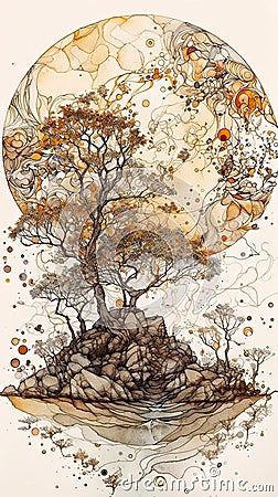 Autumn tree, mountain under full Moon, AI generative Cartoon Illustration