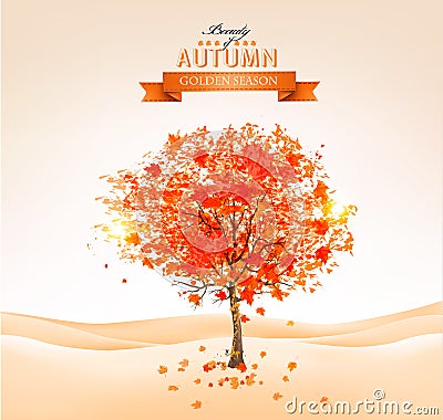 Autumn tree with orange leaves. Vector Illustration