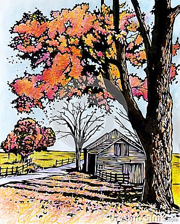 autumn tree and ramshackle farm house Cartoon Illustration