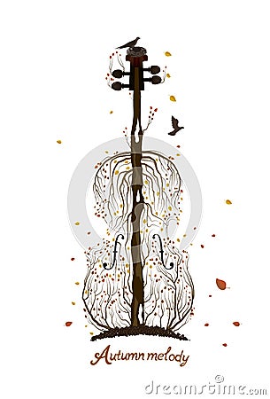 Autumn tree silhouette looks like violin growing on soil and birds flying away, Autumn melody concept, Autumn music idea Vector Illustration