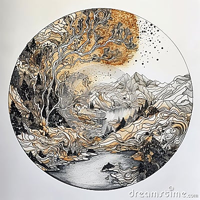Autumn trees, clip art, design element in a circle. Desolated landscape, brown and orange, earth colors, AI generative Cartoon Illustration