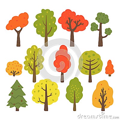 Autumn trees collection isolated on white background. Vector illustration Cartoon Illustration