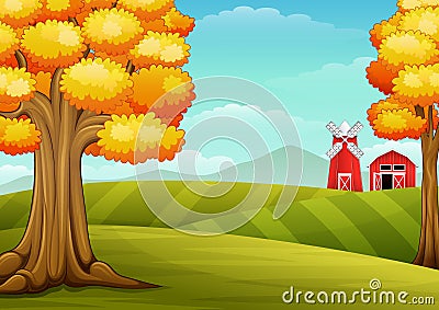 Autumn trees in farm landscape with barn and windmill Vector Illustration