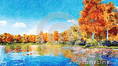 Autumn trees on a lake shore watercolor landscape Stock Photo