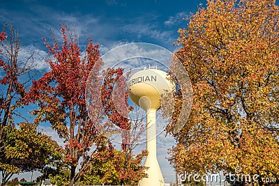 Autumn trees and the Meridian Idaho water tower Stock Photo
