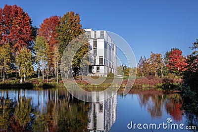 Autumn trees with red, green and yellow reflect in a park pond. Fall theme Stock Photo