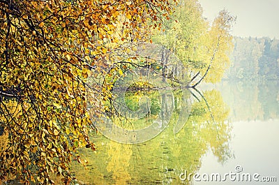 Autumn trees reflecting on lake Stock Photo