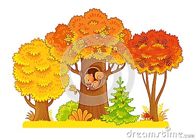 Autumn trees stand on a white background with a squirrel in the hollow Cartoon Illustration