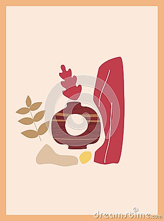 Autumn trendy card collage. Minimal shapes vase colour pastel flora. Template fall poster, banner vector illustration Vector Illustration