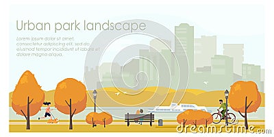 Autumn urban park landscape flat vector illustration. Horizontal banner template with place for your text. Vector Illustration