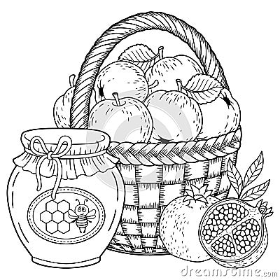 Autumn vector coloring page for adults. Black and white background silhouette. Harvest of ripe applesapples, pomegranates and hone Vector Illustration