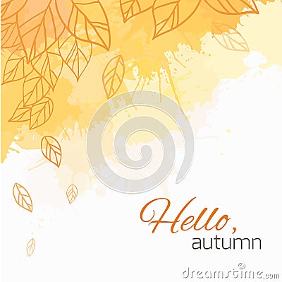 Autumn vector cover with doodle leaves and yellow and orange blobs Vector Illustration