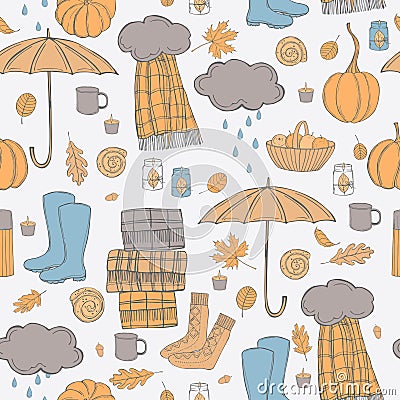 Autumn vector pattern with umbrella, rubber boots and leaves Vector Illustration