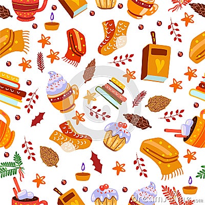 Autumn vector seamless pattern with leaves, pinecone, cocoa, sweets, cups, books, scarfs, socks. Vector Illustration