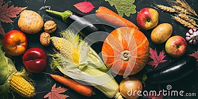 Autumn vegetables on a black stone background, banner. Thanksgiving Day. Top view, flat lay Stock Photo