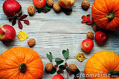 Autumn vegetables, pumpkins with red apples and walnuts and red berries with yellow, red and green leaves on white Stock Photo