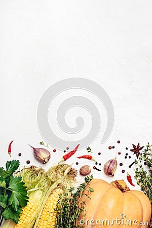 Autumn vegetables and spices border. Healthy and Vegetarian food ingredients Stock Photo