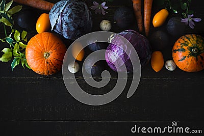 Autumn vegetables on the wooden table top view Stock Photo