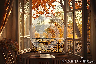 Autumn view of eiffel tower from elegant open window in paris Stock Photo