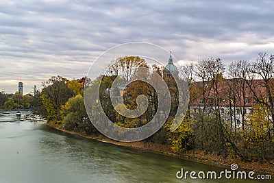 Autumn view with Isar river in Munich, Germany Editorial Stock Photo