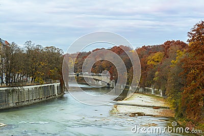 Autumn view with Isar river in Munich, Germany Editorial Stock Photo