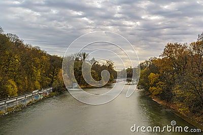 Autumn view with Isar river in Munich, Germany Editorial Stock Photo
