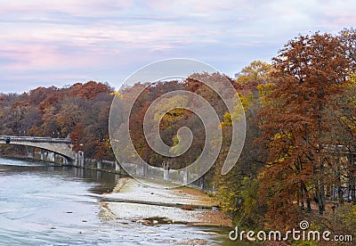 Autumn view with Isar river in Munich, Germany Stock Photo