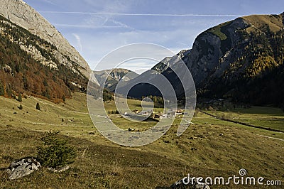 Autumn view over Eng Alm and Ahornboden Stock Photo