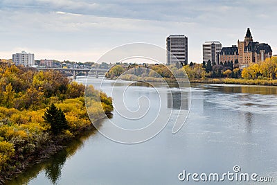 Autumn view to the Saskatoon downtown from the South Saskatchewan River Stock Photo