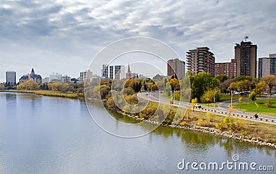 Autumn view to the Saskatoon downtown from the South Saskatchewan River embankment Stock Photo