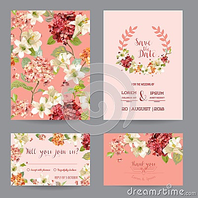 Autumn Vintage Hortensia Flowers Save the Date Card for Wedding, Invitation, Party Vector Illustration