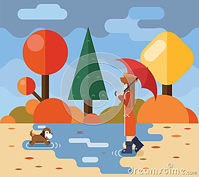 Autumn walk with dog puddles umbrella nature park Vector Illustration